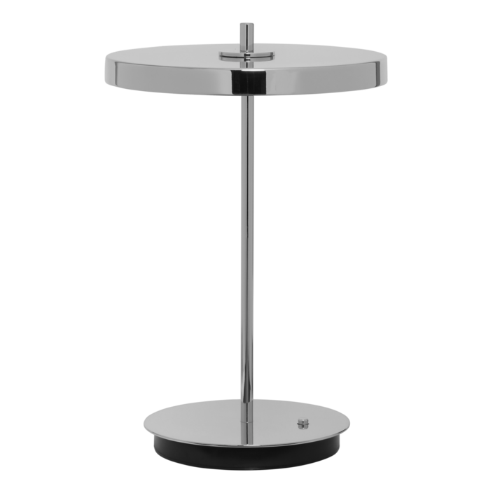 Elegantná dizajnová stolová lampa Asteria Move od Umage so zabudovaným LED panelom a difúzorom so skrytým USB portom na nabíjanie mobilného telefónu, 4stupňový stmievač (leštená oceľ)